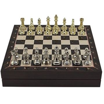 Gift Home Büyük Boy Metal Klasik 36x36 cm Satranç Takımı Parlak ve Ceviz Desenli Sandıklı Mdf Tahtası