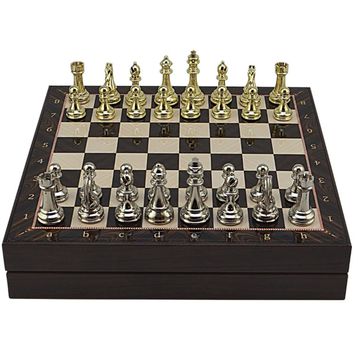 Gift Home Büyük Boy Metal Klasik 36x36 cm Satranç Takımı Parlak ve Ceviz Desenli Sandıklı Mdf Tahtası