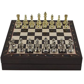 Gift Home Büyük Boy Metal Klasik 36x36 cm Satranç Takımı Parlak ve Ceviz Desenli Sandıklı Mdf Tahtası
