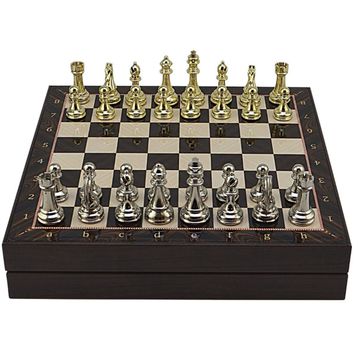 Gift Home Büyük Boy Metal Klasik 36x36 cm Satranç Takımı Parlak ve Ceviz Desenli Sandıklı Mdf Tahtası