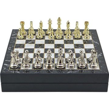 Gift Home Büyük Boy Metal Klasik 36x36x6 cm Satranç Takımı Parlak ve Mermer Desenli Sandıklı MDF Tahtası