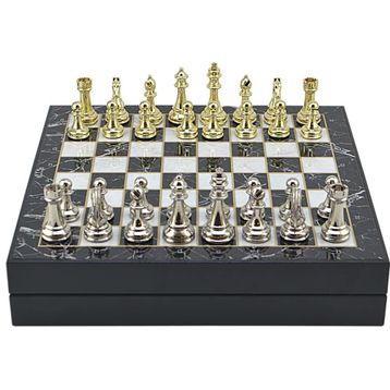 Gift Home Büyük Boy Metal Klasik 36x36x6 cm Satranç Takımı Parlak ve Mermer Desenli Sandıklı MDF Tahtası
