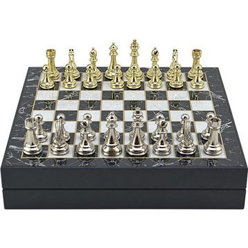 Gift Home Büyük Boy Metal Klasik 36x36x6 cm Satranç Takımı Parlak ve Mermer Desenli Sandıklı MDF Tahtası