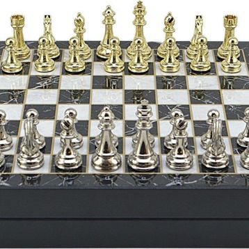 Gift Home Büyük Boy Metal Klasik 36x36x6 cm Satranç Takımı Parlak ve Mermer Desenli Sandıklı MDF Tahtası