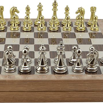 Gift Home Metal Klasik 36x36x6 cm Satranç Takımı Parlak ve Rustik Desenli MDF Sandıklı Satranç Tahtası