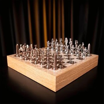 Gift Home Metal Mısır 36x36x6 cm Satranç Takımı Antik ve Rustik Ceviz Desenli MDF Sandıklı Satranç Tahtası