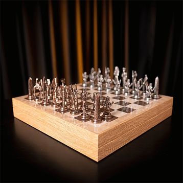 Gift Home Metal Mısır 36x36x6 cm Satranç Takımı Antik ve Rustik Ceviz Desenli MDF Sandıklı Satranç Tahtası