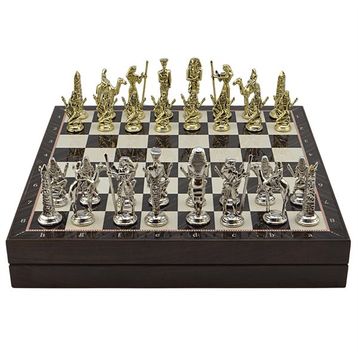 Gift Home Metal Mısır 36x36x6 cm Satranç Takımı Parlak ve Ceviz Desenli MDF Sandıklı Satranç Tahtası