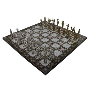 Gift Home Metal Mısır 43x43 cm Satranç Takımı Parlak ve Katlanır Sedef Desenli MDF Ahşap Satranç Tahtası