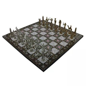 Gift Home Metal Mısır 43x43 cm Satranç Takımı Parlak ve Katlanır Sedef Desenli MDF Ahşap Satranç Tahtası