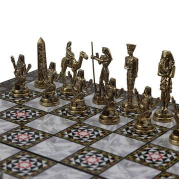 Gift Home Metal Mısır 43x43 cm Satranç Takımı Parlak ve Katlanır Sedef Desenli MDF Ahşap Satranç Tahtası