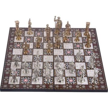 Gift Home Metal Satranç Takımı Battal Boy Roma Figürlü Parlak Satranç Taşı ve MDF Katlanır Sedef Desenli Satranç Tahtası