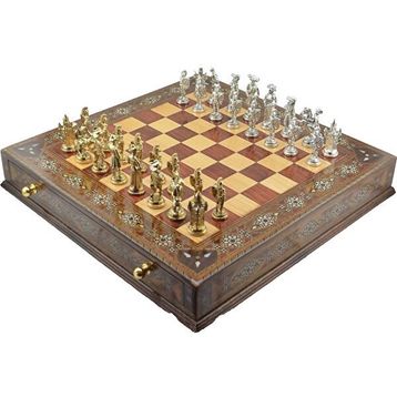 Gift Home Metal Satranç Takımı Battal İspanyol Parlak Sedefli Ceviz Çekmeceli Satranç Tahtası