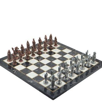 Gift Home Metal Satranç Takımı Battal Osmanlı-Bizans Antik Kat Mermer Desenli Satranç Tahtası