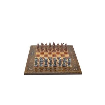 Gift Home Metal Satranç Takımı Battal Osmanlı-Bizans Antik Sedef Gül Düz Masif Satranç Tahtası