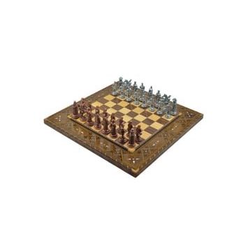 Gift Home Metal Satranç Takımı Battal Osmanlı-Bizans Antik Sedefli Düz Masif Satranç Tahtası