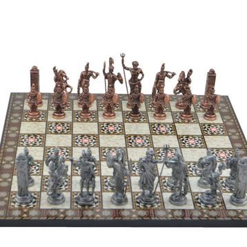 Gift Home Metal Satranç Takımı Battal Yunan Antik Sedef Desenli Satranç Tahtası