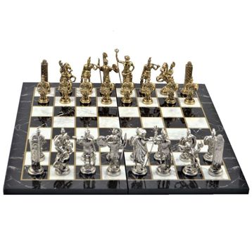 Gift Home Metal Satranç Takımı Battal Yunan Parlak Mermer Desenli Satranç Tahtası