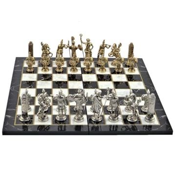 Gift Home Metal Satranç Takımı Battal Yunan Parlak Mermer Desenli Satranç Tahtası