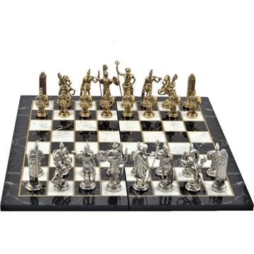 Gift Home Metal Satranç Takımı Battal Yunan Parlak Mermer Desenli Satranç Tahtası