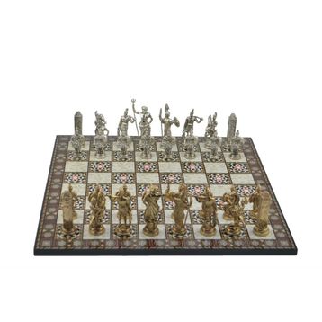 Gift Home Metal Satranç Takımı Battal Yunan Parlak Sedef Desenli Satranç Tahtası