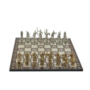 Gift Home Metal Satranç Takımı Battal Yunan Parlak Sedef Desenli Satranç Tahtası