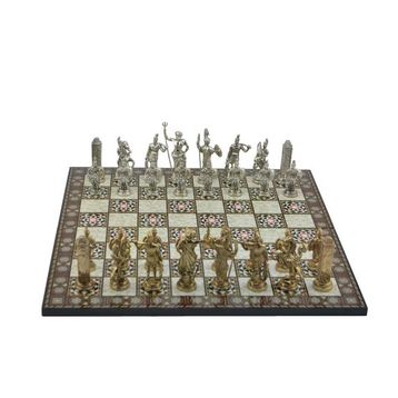 Gift Home Metal Satranç Takımı Battal Yunan Parlak Sedef Desenli Satranç Tahtası
