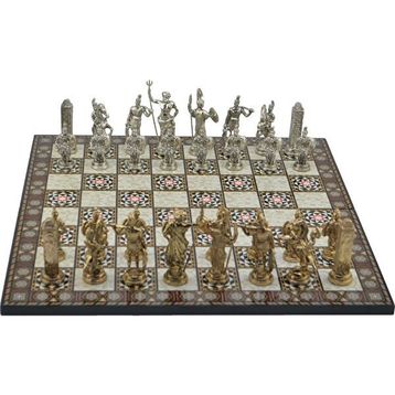 Gift Home Metal Satranç Takımı Battal Yunan Parlak Sedef Desenli Satranç Tahtası