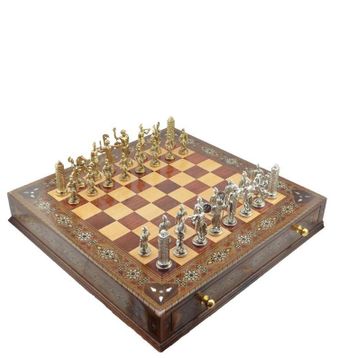 Gift Home Metal Satranç Takımı Battal Yunan Parlak Sedefli Ceviz Çekmeceli Satranç Tahtası