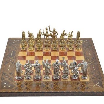 Gift Home Metal Satranç Takımı Battal Yunan Parlak ve Sedefli Gül Düz Masif Satranç Tahtası