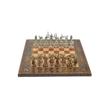 Gift Home Metal Satranç Takımı Battal Yunan Parlak ve Sedefli Gül Düz Masif Satranç Tahtası