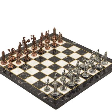 Gift Home Metal Satranç Takımı Orta Boy Yunan Figürlü Antik Satranç Taşı ve MDF Bahar Desenli Satranç Tahtası