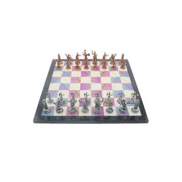 Gift Home Metal Satranç Takımı Orta Boy Yunan Figürlü Antik Satranç Taşı ve MDF Bahar Desenli Satranç Tahtası
