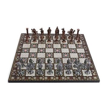 Gift Home No:5 43x43 cm İngiliz Antik Bakır Satranç Taşları ve Katlanır Sedef Desenli MDF Ahşap Satranç Tahtası