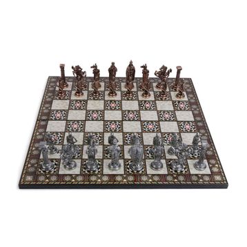 Gift Home No:5 43x43 cm İngiliz Antik Bakır Satranç Taşları ve Katlanır Sedef Desenli MDF Ahşap Satranç Tahtası