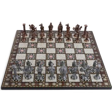 Gift Home No:5 43x43 cm İngiliz Antik Bakır Satranç Taşları ve Katlanır Sedef Desenli MDF Ahşap Satranç Tahtası