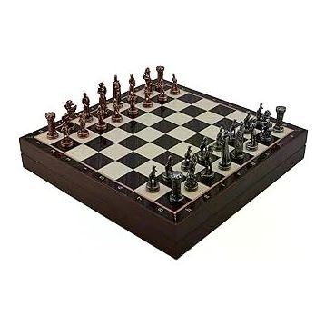 Gift Home Orta Boy Metal İngiliz 36x36x6 cm Satranç Takımı Antik ve Ceviz Desenli Sandıklı MDF Tahtası