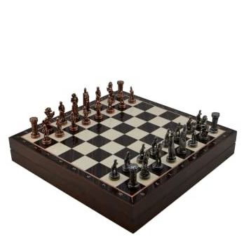Gift Home Orta Boy Metal İngiliz 36x36x6 cm Satranç Takımı Antik ve Ceviz Desenli Sandıklı MDF Tahtası