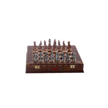 Gift Home Orta Boy Metal İngiliz Satranç Takımı Antik ve El Yapımı Masif Ahşap Sandıklı Satranç Tahtası