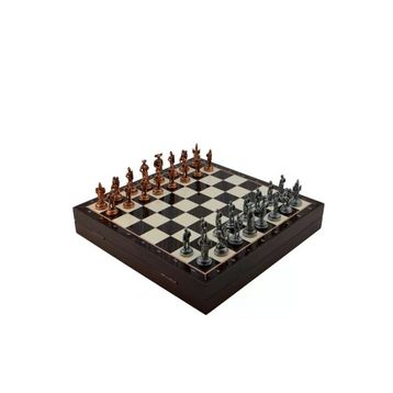 Gift Home Orta Boy Metal İspanyol 36x36x6 cm Satranç Takımı Antik ve Ceviz Desenli Sandıklı MDF Tahtası