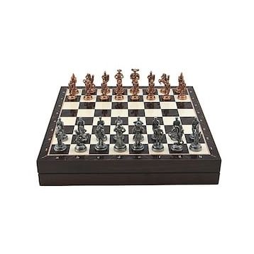 Gift Home Orta Boy Metal İspanyol 36x36x6 cm Satranç Takımı Antik ve Ceviz Desenli Sandıklı MDF Tahtası