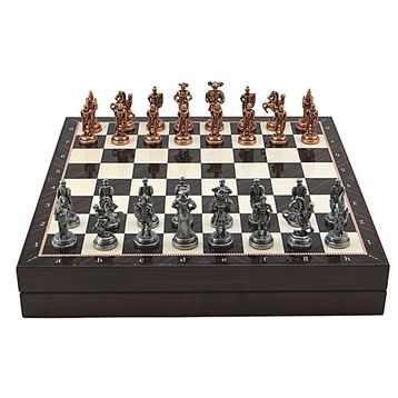 Gift Home Orta Boy Metal İspanyol 36x36x6 cm Satranç Takımı Antik ve Ceviz Desenli Sandıklı MDF Tahtası