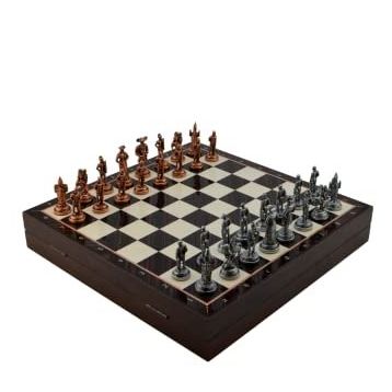 Gift Home Orta Boy Metal İspanyol 36x36x6 cm Satranç Takımı Antik ve Ceviz Desenli Sandıklı MDF Tahtası