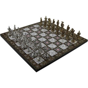 Gift Home Orta Boy Metal İspanyol Askerleri 37x37 cm Satranç Takımı Parlak ve Sedef Desenli MDF Ahşap Tahtası