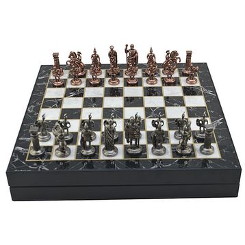 Gift Home Orta Boy Metal Roma 36x36x6 cm Satranç Takımı Antik ve Mermer Desenli Sandıklı MDF Tahtası