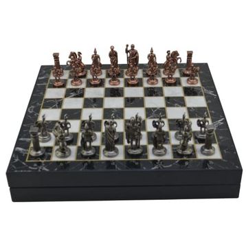Gift Home Orta Boy Metal Roma 36x36x6 cm Satranç Takımı Antik ve Mermer Desenli Sandıklı MDF Tahtası