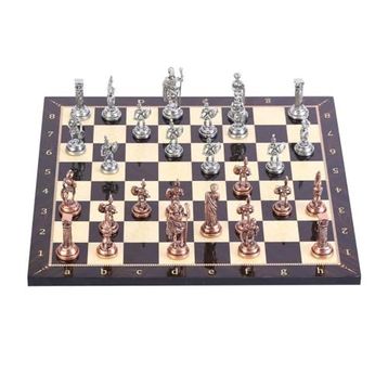 Gift Home Orta Boy Metal Roma 37x37 cm Satranç Takımı Antik ve Ceviz Desenli MDF Ahşap Satranç Tahtası