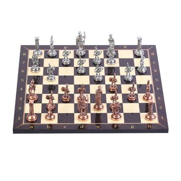 Gift Home Orta Boy Metal Roma 37x37 cm Satranç Takımı Antik ve Ceviz Desenli MDF Ahşap Satranç Tahtası