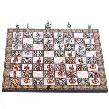 Gift Home Orta Boy Metal Roma 37x37 cm Satranç Takımı Antik ve Sedef Desenli MDF Ahşap Satranç Tahtası