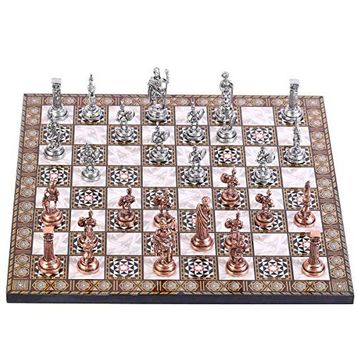 Gift Home Orta Boy Metal Roma 37x37 cm Satranç Takımı Antik ve Sedef Desenli MDF Ahşap Satranç Tahtası